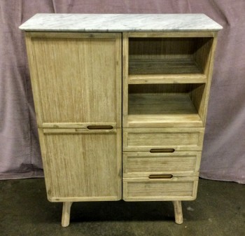 Marble Top Cabinet With Shelves, Sandblasted Wood Finish, Round Splayed Legs, Warehouse, Tan, White, Residential Cabinets, Cabinets, Normal Wear And Tear, 40"W, 17.5"D, 53"H, Marble, Wood