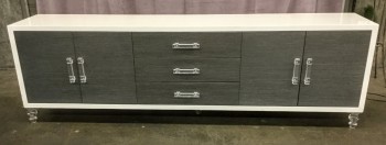 Credenza, White Laquered Finish With Gray Grained Drawer And Door Fronts, Lucite Handles And Legs, Warehouse, White, Gray, CREDENZA, CREDENZA, Clear, Normal Wear And Tear, 96